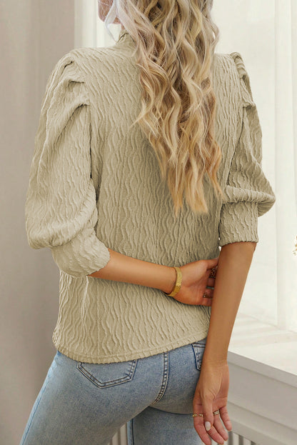 Taupe Textured Ruched Puff Sleeve Mock Neck Top