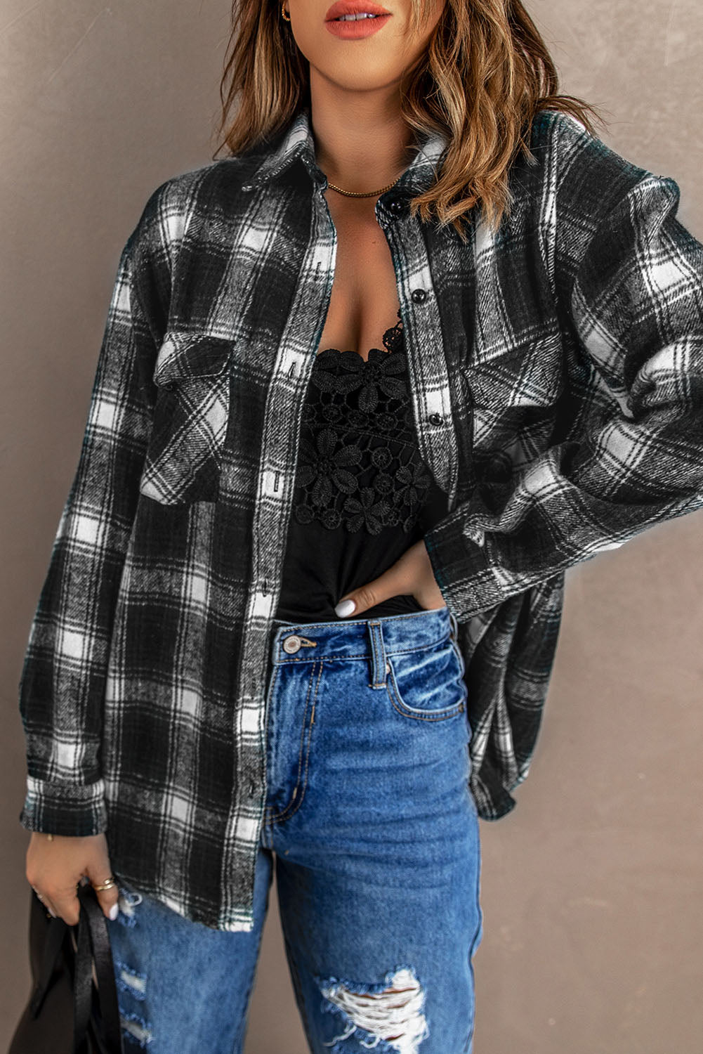 Brown Button Up Collared Plaid Shacket