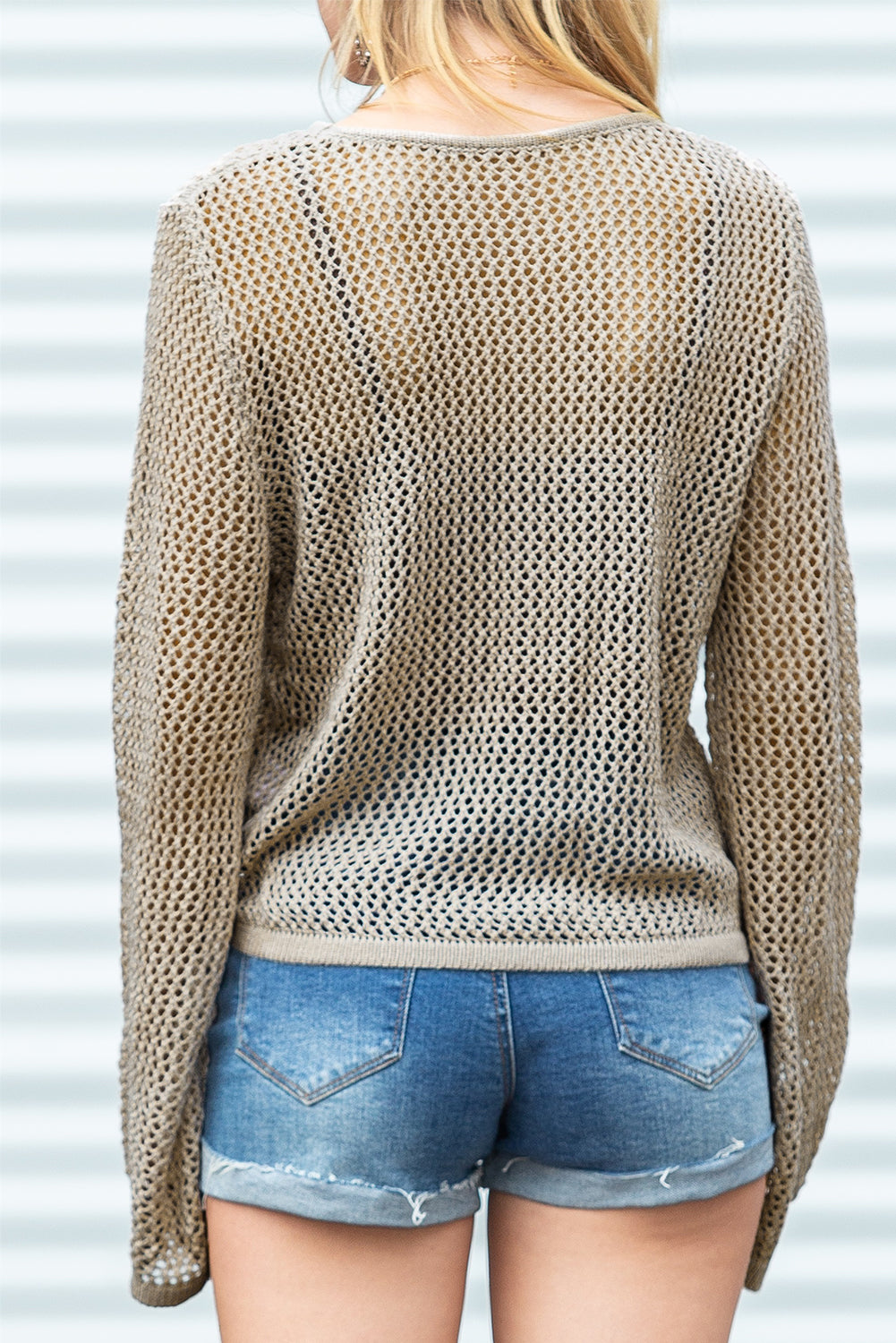 Khaki Solid Hollow-out Knit Long Sleeve Top