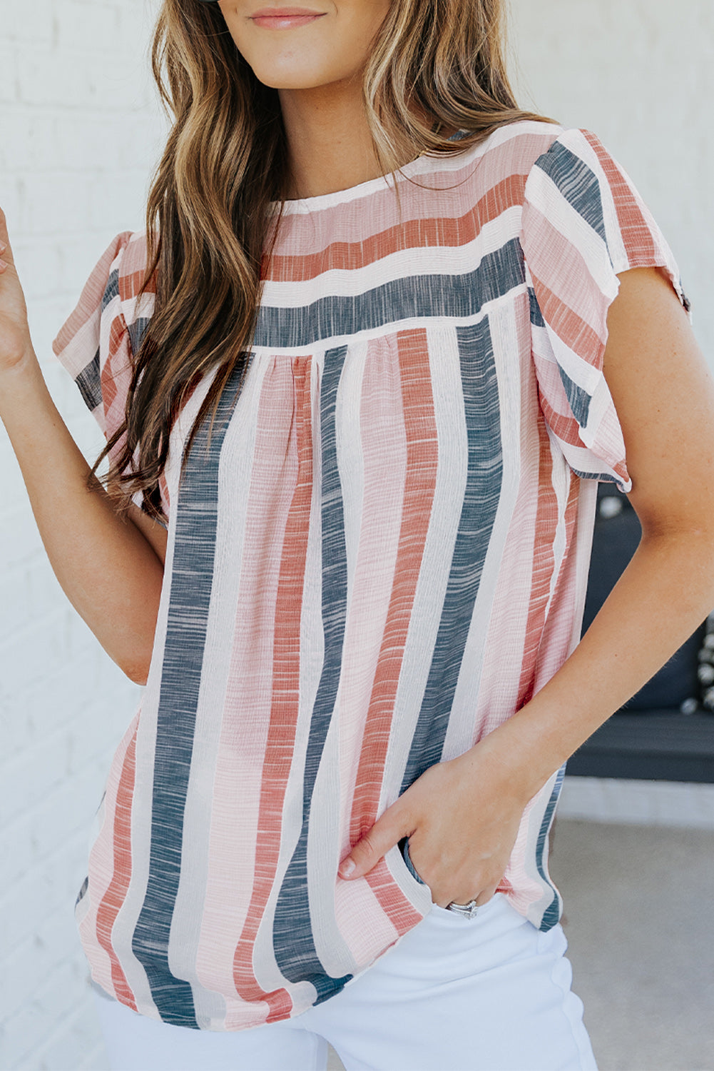 Pink and Blue Stripes Shirt Flutter Sleeve V Neck Blouse