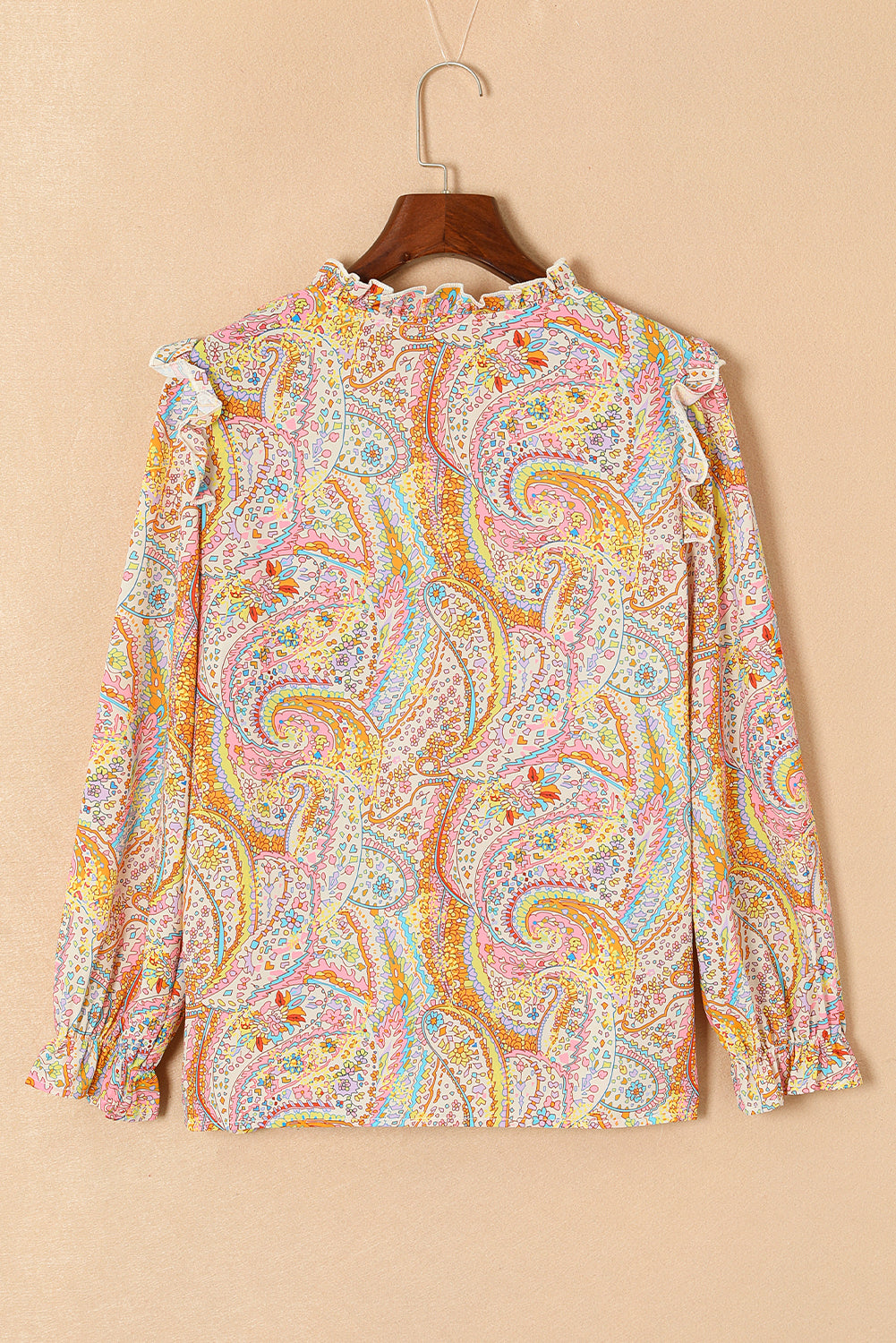 Yellow Paisley Print Ruffled Trim Button Up Boho Blouse