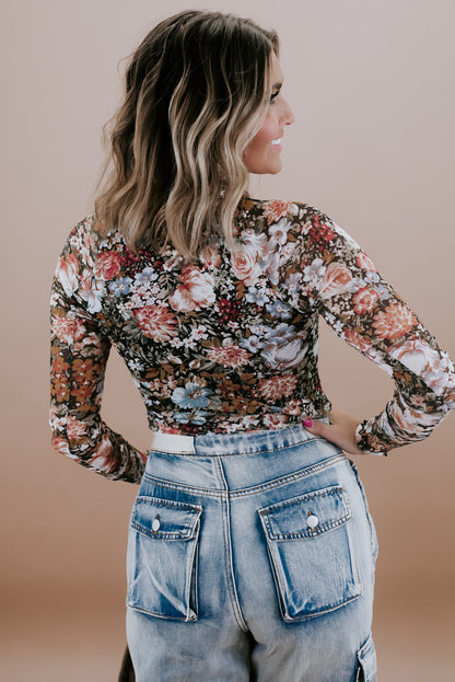 Brown Floral Print Mesh Mock Neck Slim Top