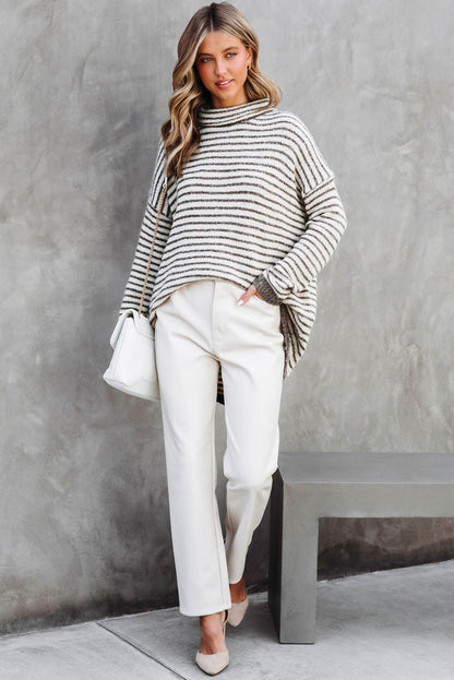 Gray Striped Turtleneck Oversized Sweater