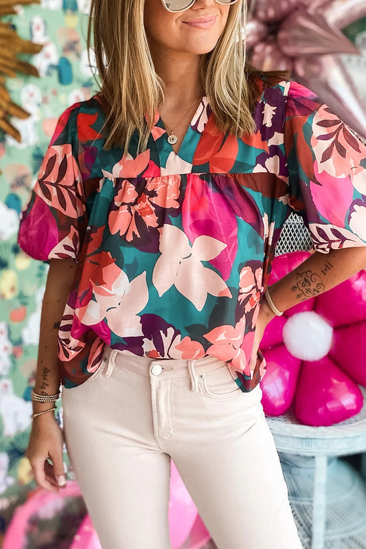 Rose Red Floral Print V Neck Lantern Sleeve Blouse