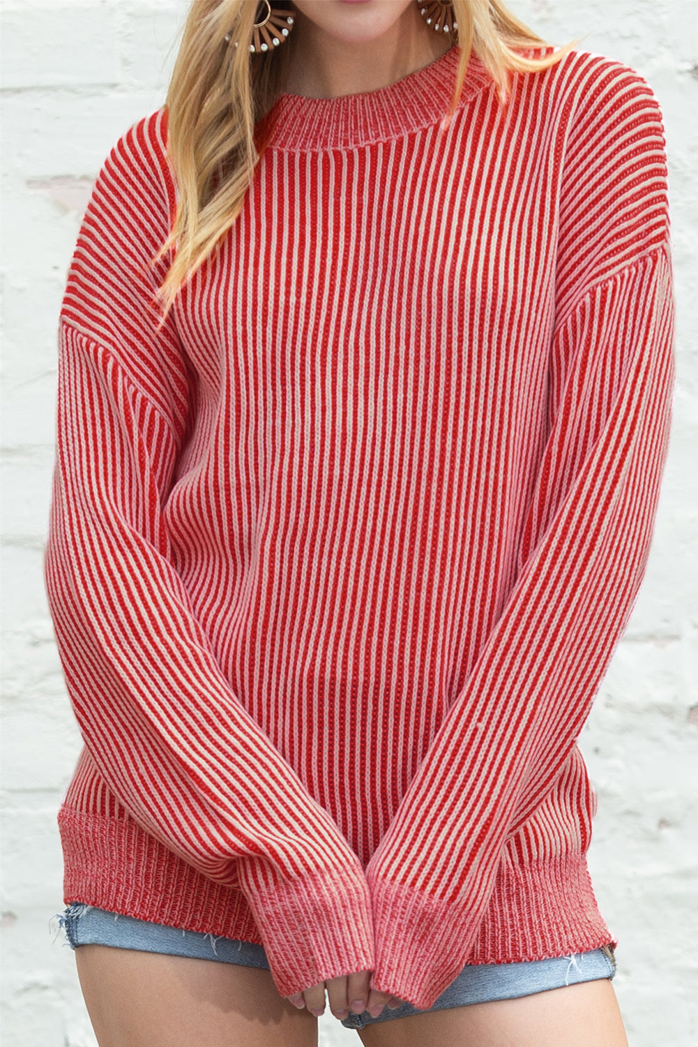 Red Casual Stripe Print Round Neck Sweater