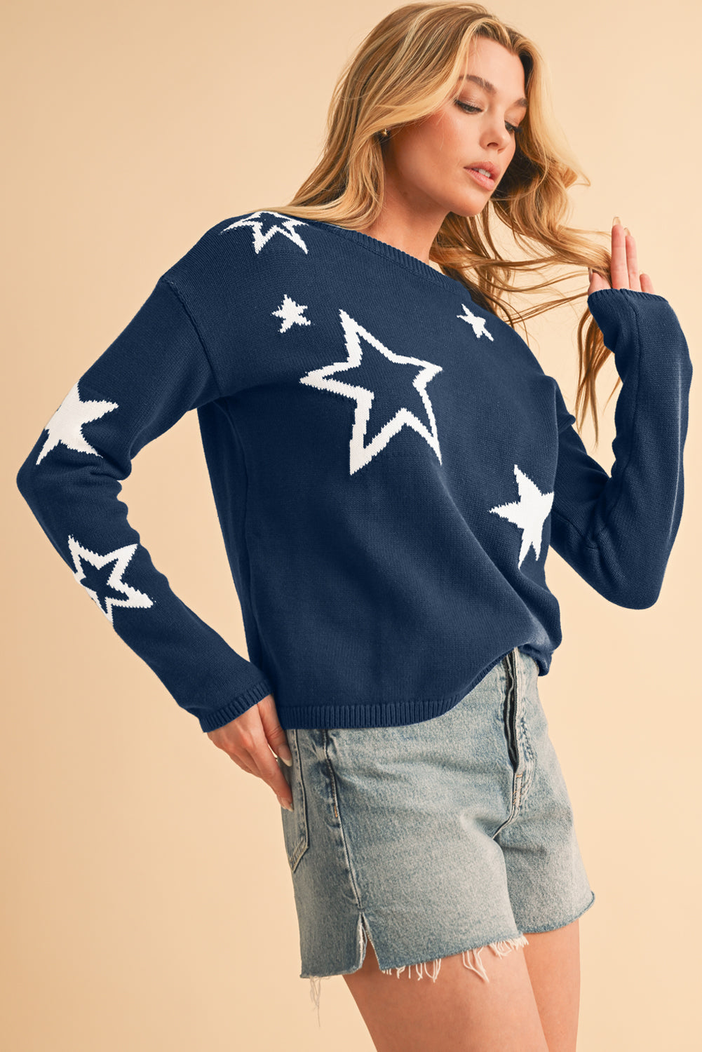 Sail Blue Star Print Drop Sleeve Cable Knit Sweater