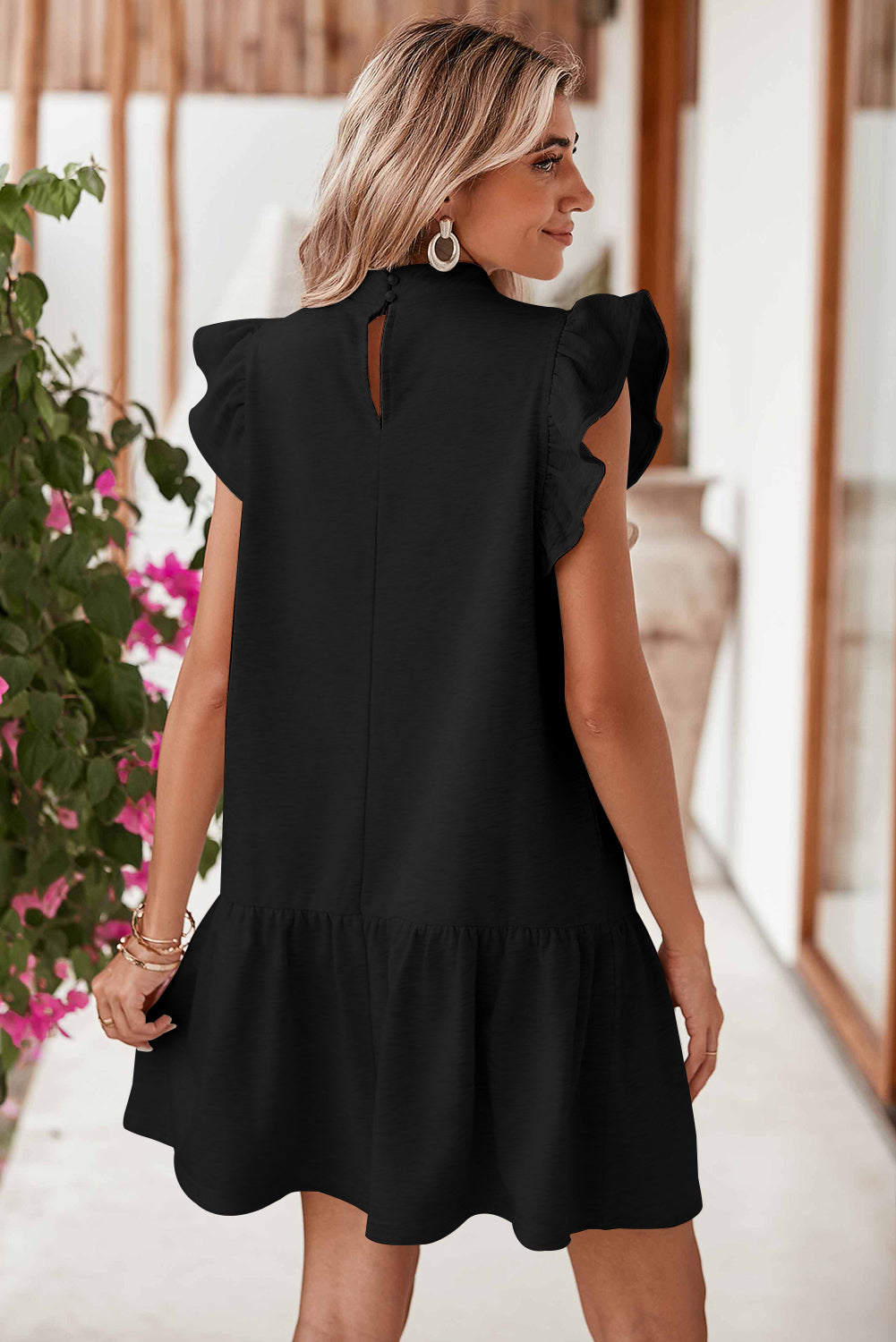 Black Solid Color Ruffle Hem Mini Sweatshirt Dress