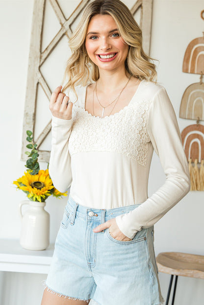 Beige Lace Contrast Casual Long Sleeve Top