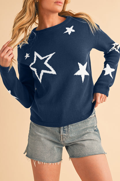 Sail Blue Star Print Drop Sleeve Cable Knit Sweater