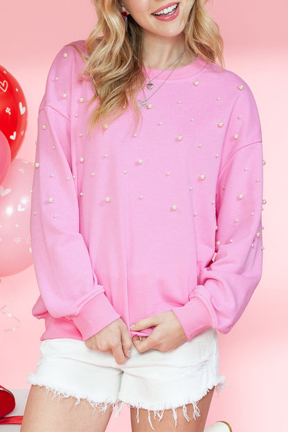 Pink Pearl Decor Contrast Round Neck Sweatshirt