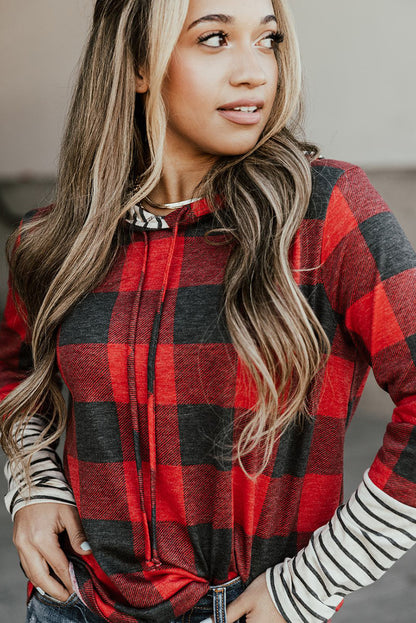 Red Plaid & Striped Patchwork Drawstring Hoodie