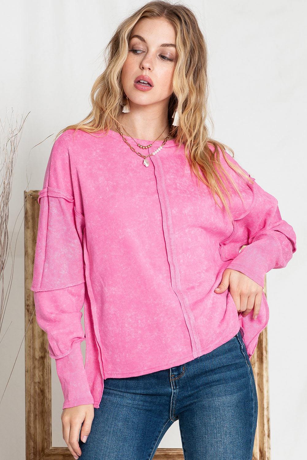 Rose Patchwork Long Sleeve Distress Pullover Sweatshirt