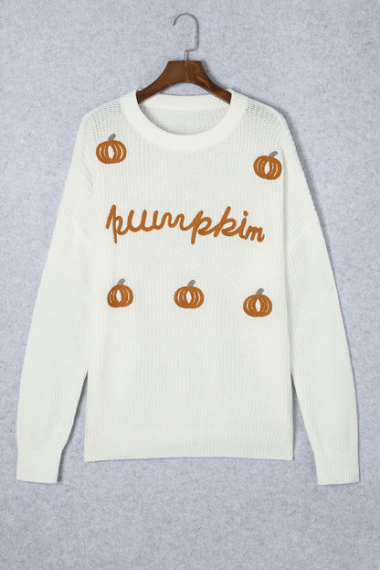 White Crochet Pumpkin Drop Shoulder Sweater