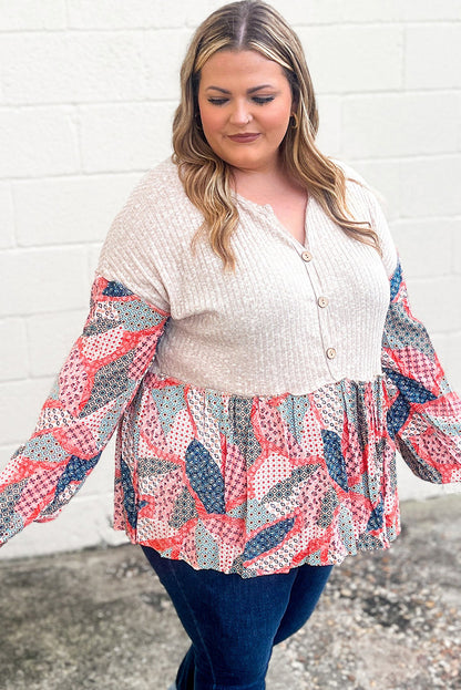 Apricot Plus Size Patchwork Textured Buttoned Blouse