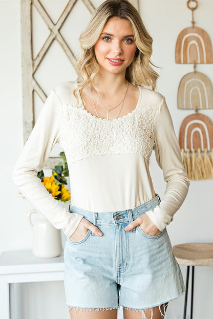 Beige Lace Contrast Casual Long Sleeve Top