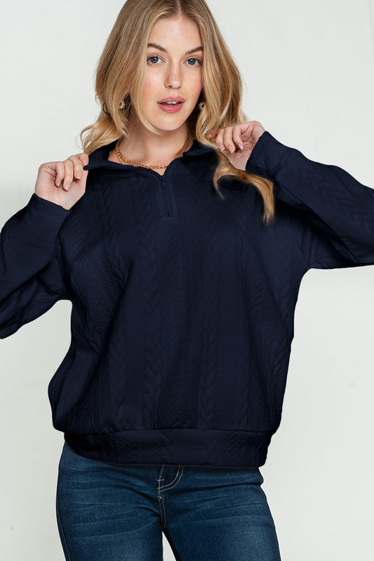 Black Blue Casual Textured Pullover Sweatshirt