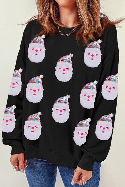 Black Christmas Santa Clause Patterned Graphic Sweatshirt