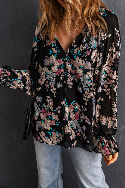 Black Floral Boho Chiffon Ruffle Blouse