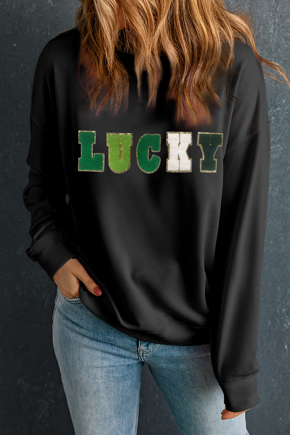 Black LUCKY Chenille Graphic Pullover Sweatshirt