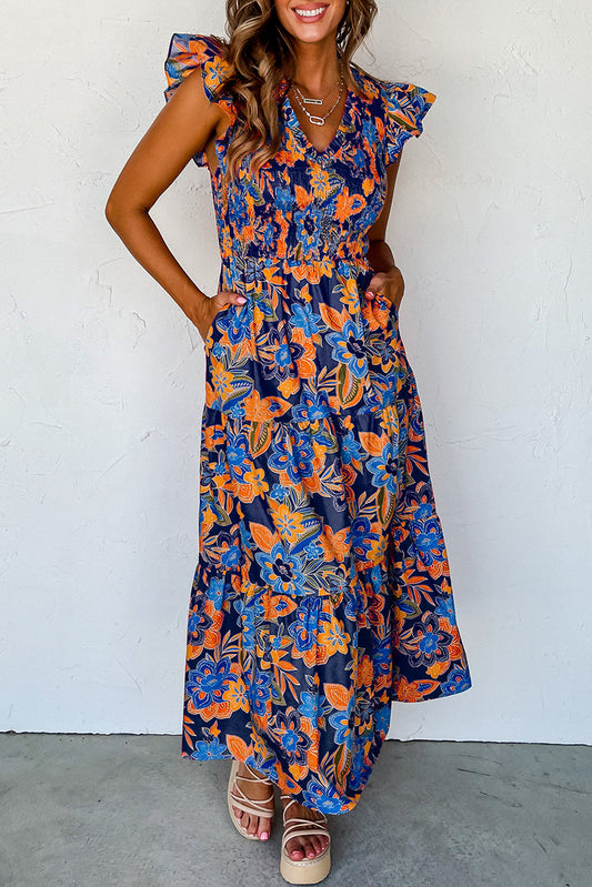 Boho Floral V-Neck Tiered Maxi Dress