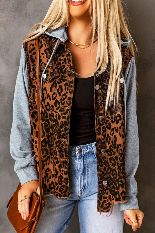 Cheetah Patchwork Ripped Raw Hem Jacket