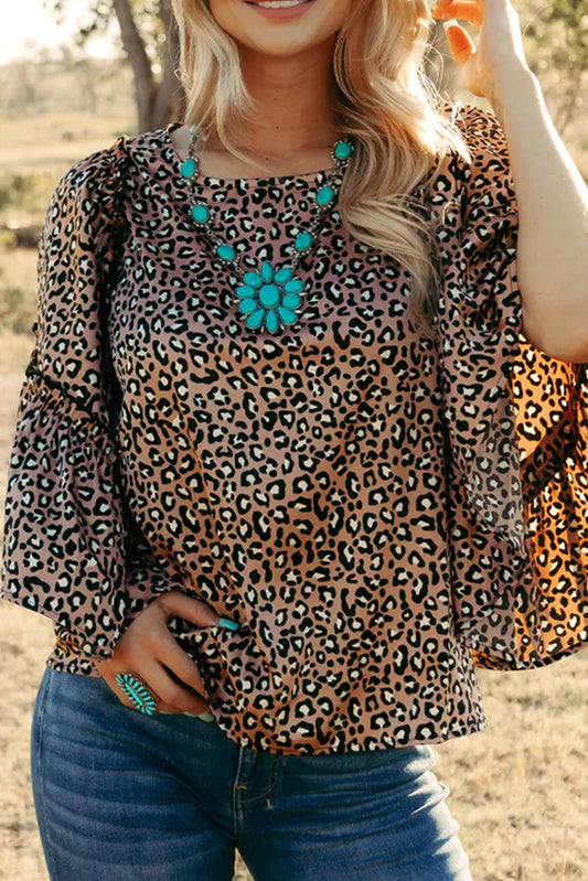 Chestnut Leopard Ruffle Flounce Sleeve Blouse