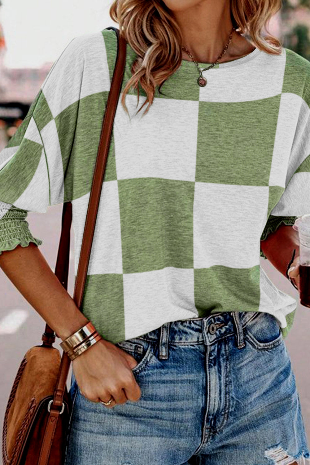 Grass Green Checkered Ruffle Smocked Cuffs Tee