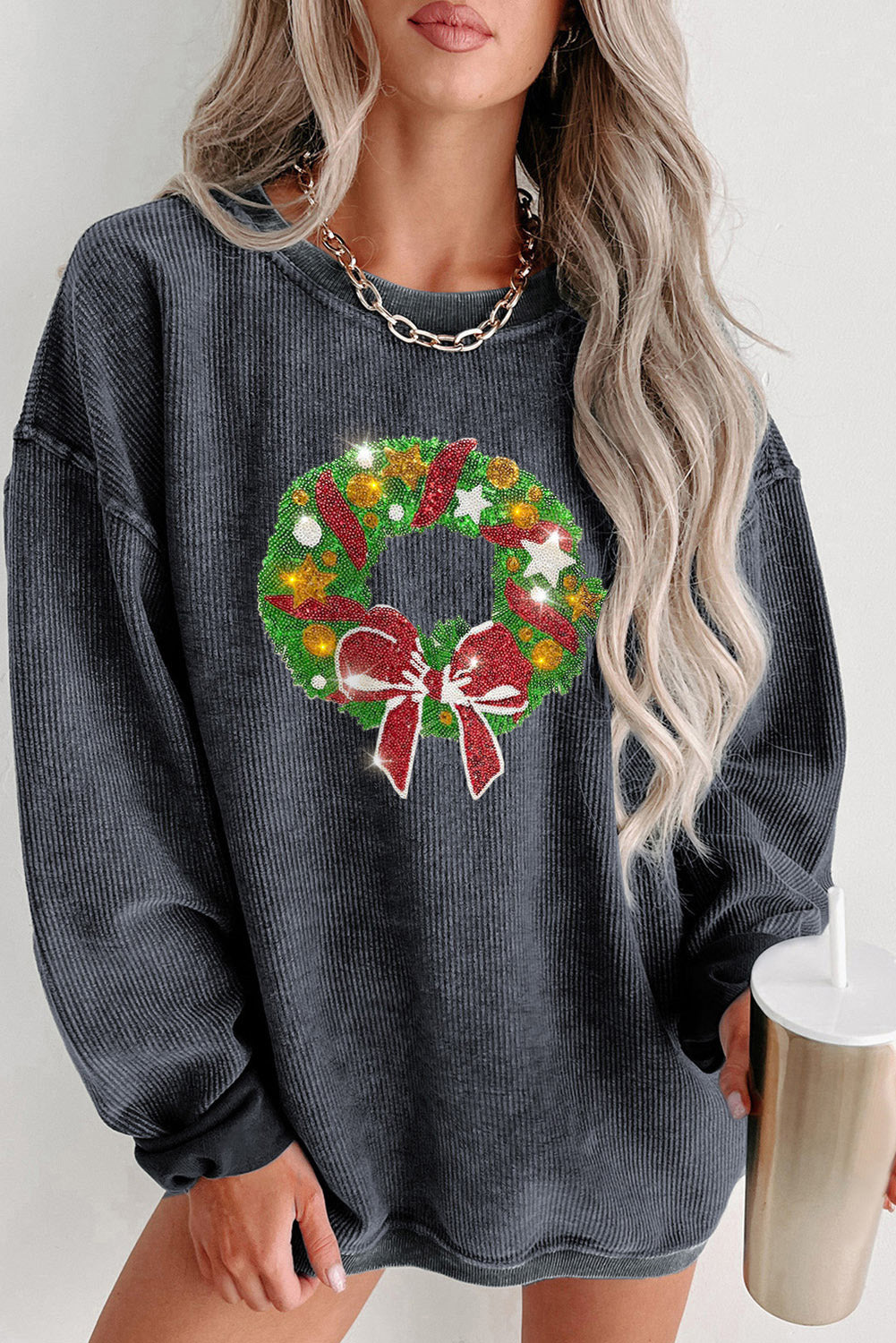 Gray Christmas Wreath Print Graphic Sweatshirt