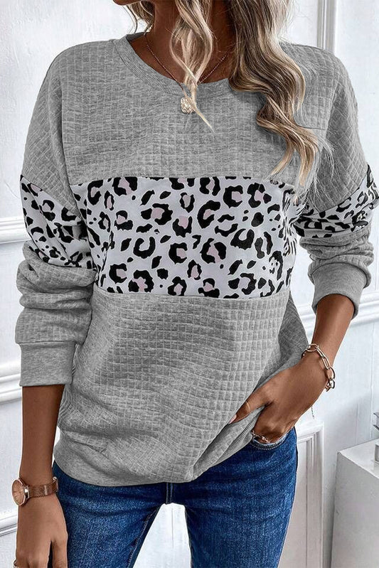 Gray Leopard Quilted Patchwork Pullover Sweatshirt