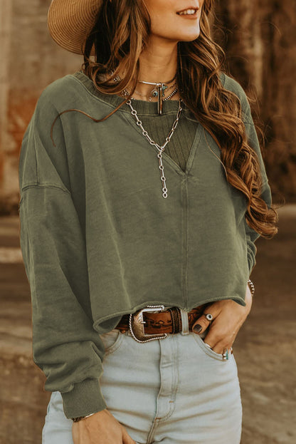 Green Casual Drop Shoulder Cropped Sweatshirt