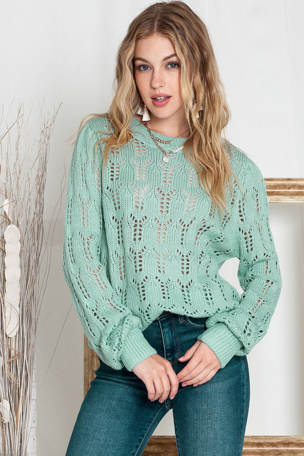 Green Casual Sheer Knitted Pointelle Sweater