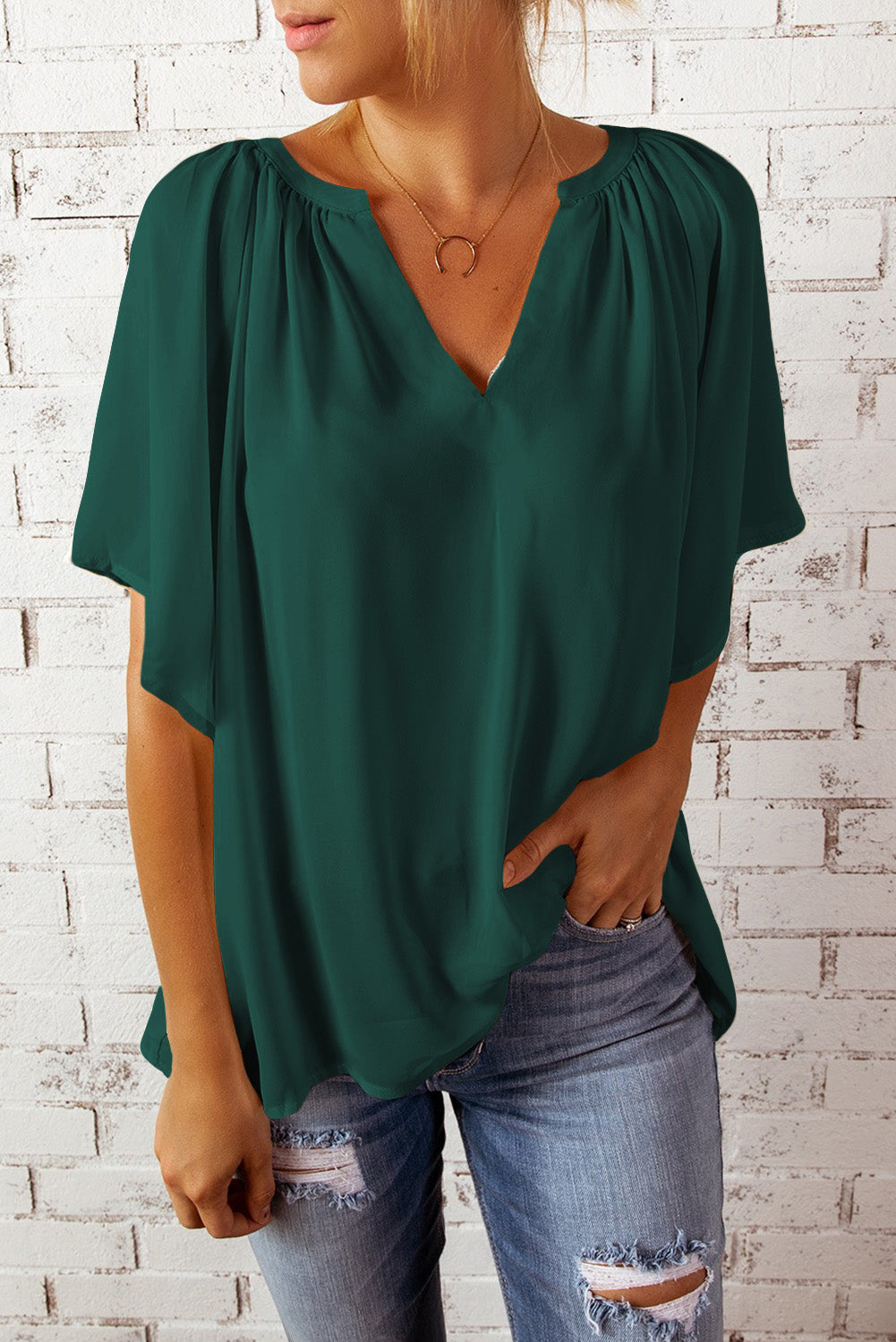 Green Casual Split Neck Pleated Loose Blouse