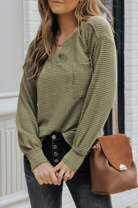 Green Waffle Knit Split V-Neck Top