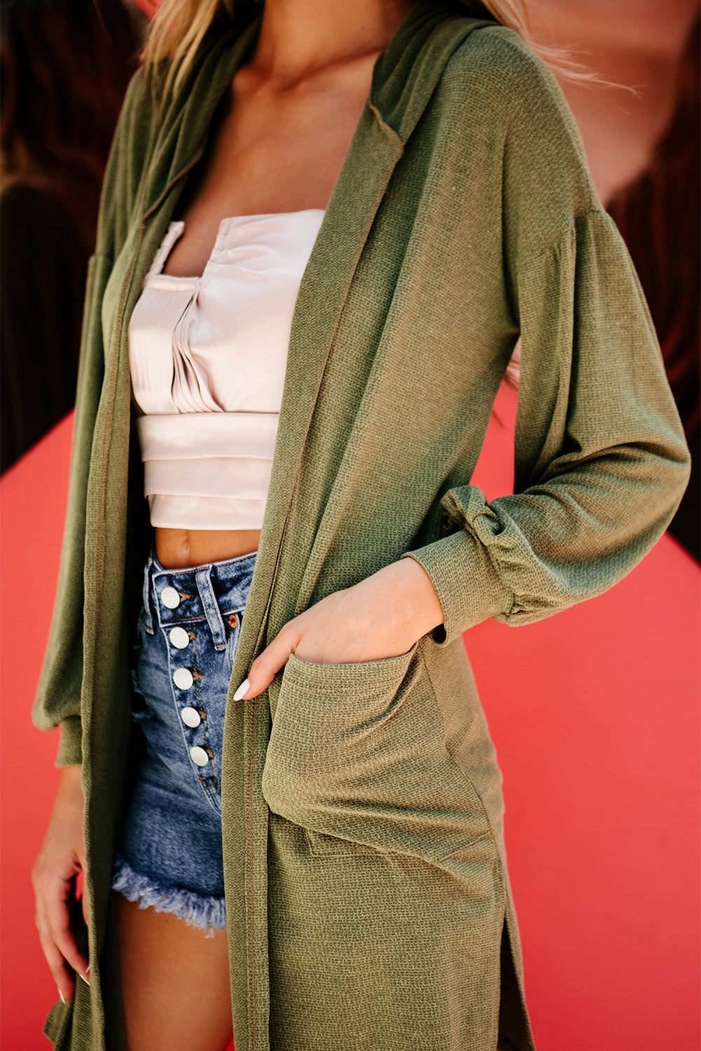 Guacamole Green Side Split Knit Hooded Cardigan