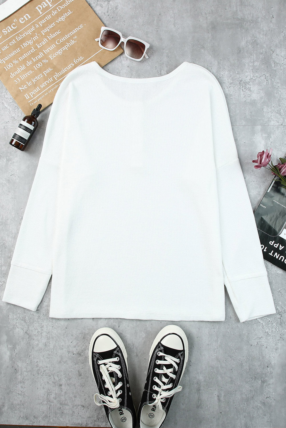 White Casual Waffle Button Front Knit Henley Top