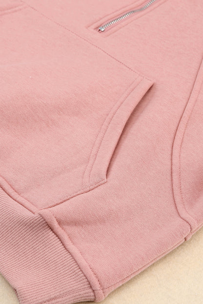 Pink Thumbhole Raglan Sleeve Half Zip Pullover Hoodie