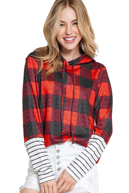 Red Plaid & Striped Patchwork Drawstring Hoodie