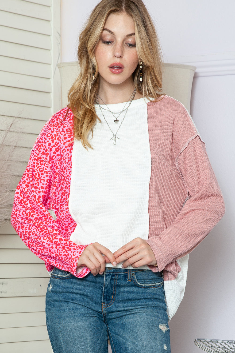 Pink & White Leopard Print Knit Top