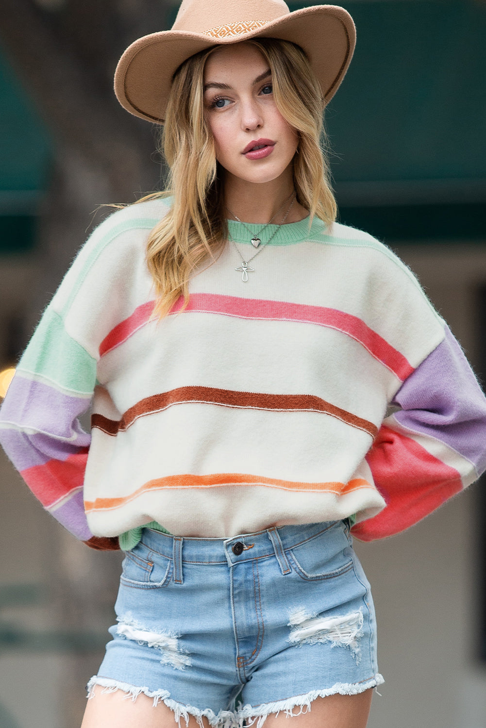 Multicolor Striped Drop Shoulder Crew Neck Sweater