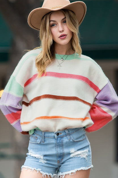 Multicolor Striped Drop Shoulder Crew Neck Sweater