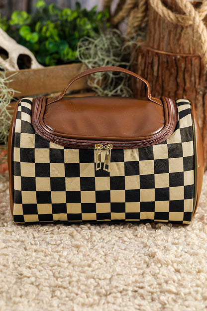 Black Checker Print Leather Zipper Makeup Bag