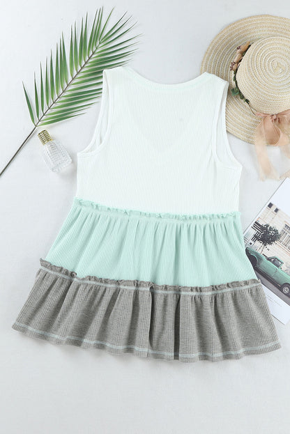 Colorblock Tiered Ruffle Babydoll V Neck Sleeveless Shirt