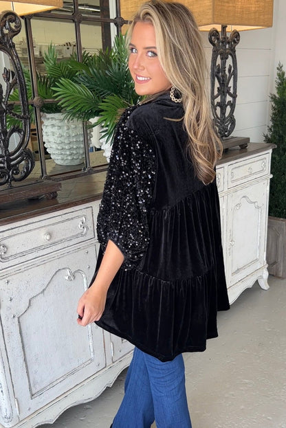 Black Velvet Sequin Puff Sleeve Button Babydoll Blouse