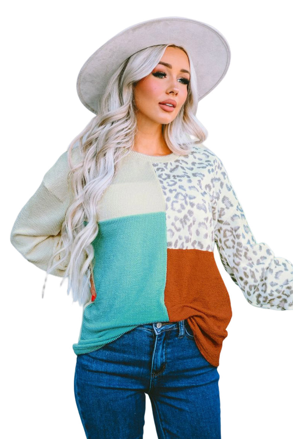 Rosy Leopard Patchwork Color Block Ribbed Long Sleeve Top