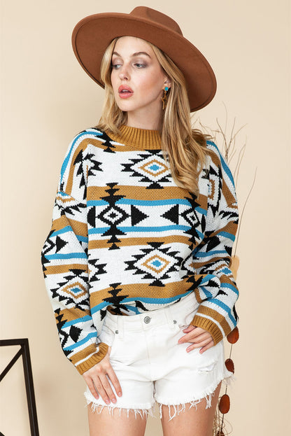 Brown Geometric Striped Knit Ribbed Trim Sweater