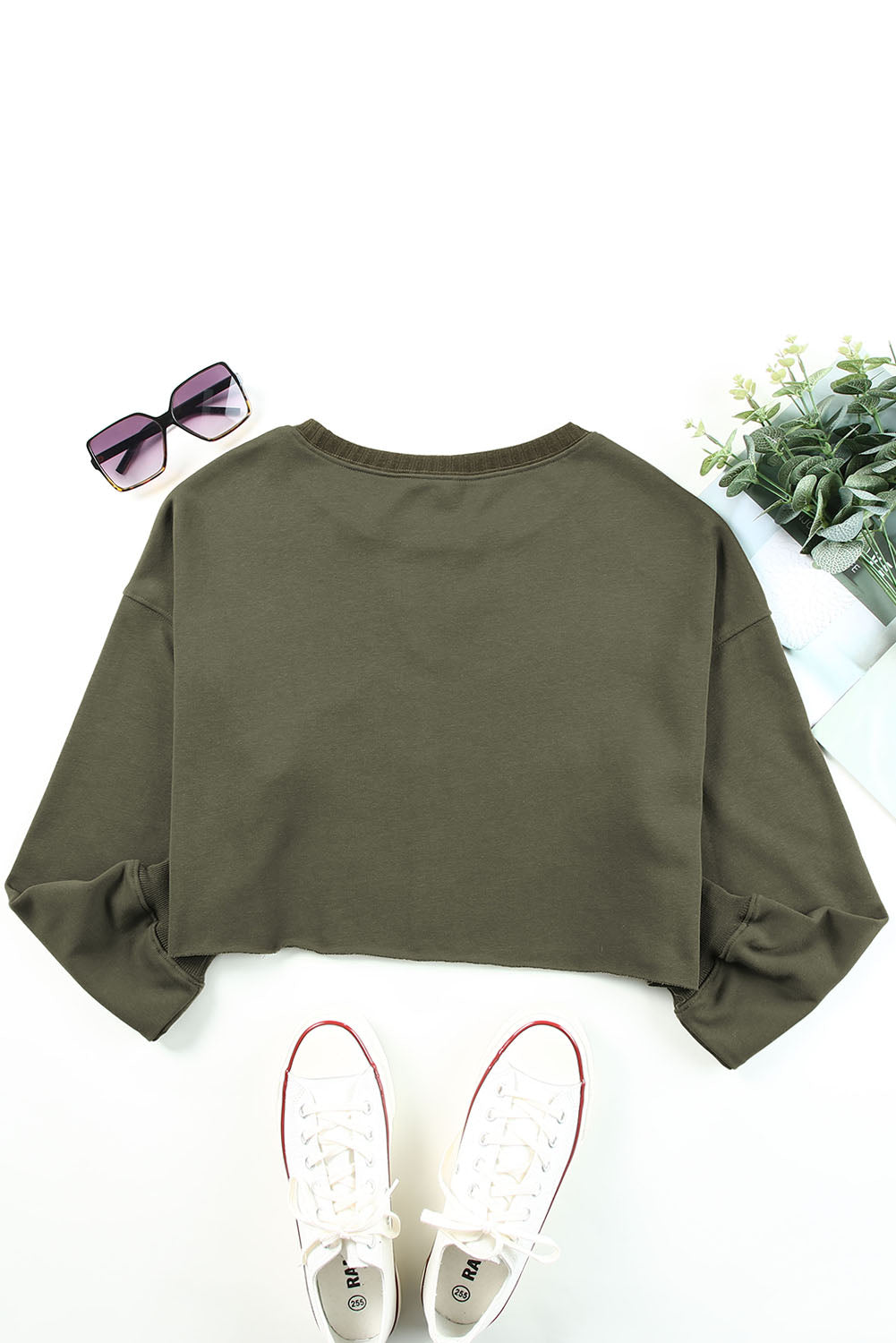 Green Casual Drop Shoulder Cropped Sweatshirt