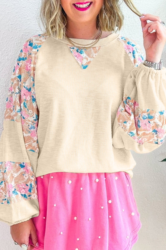 Apricot Crinkle Rib Floral Patchwork Balloon Sleeve Top