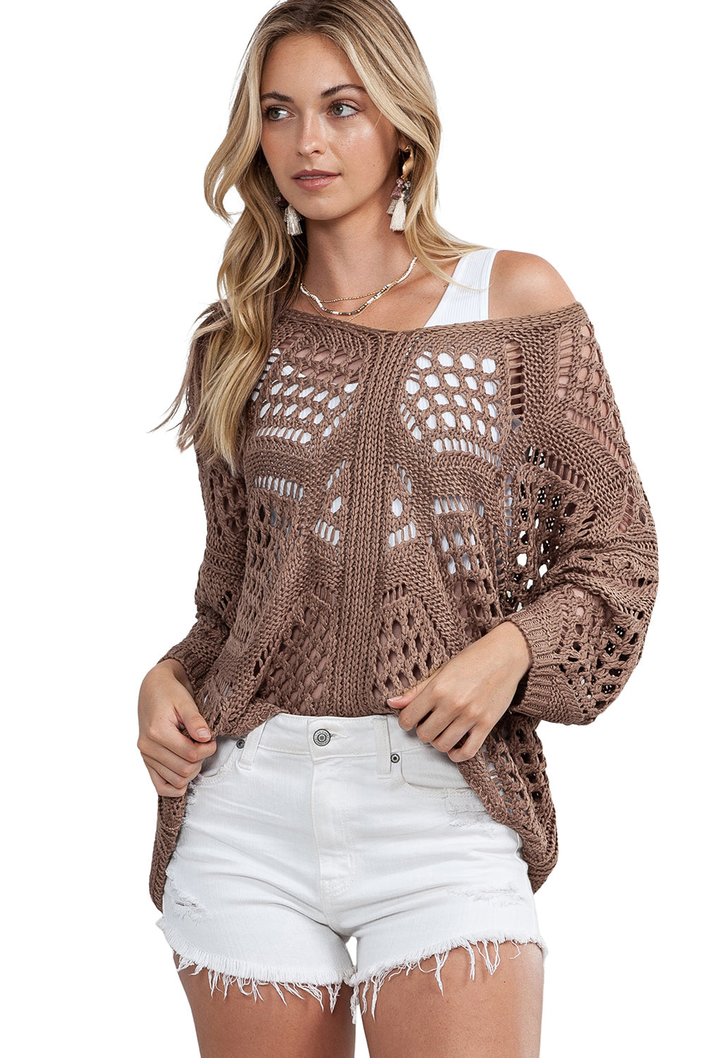 Khaki Hollowed Knit V Neck Dolman Sleeve Sweater