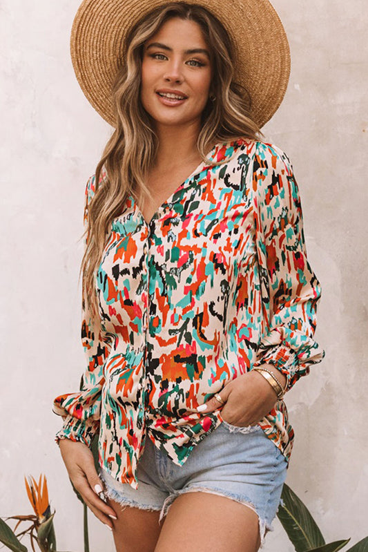 Multicolor Abstract Print Boho Shirred Cuffs Blouse