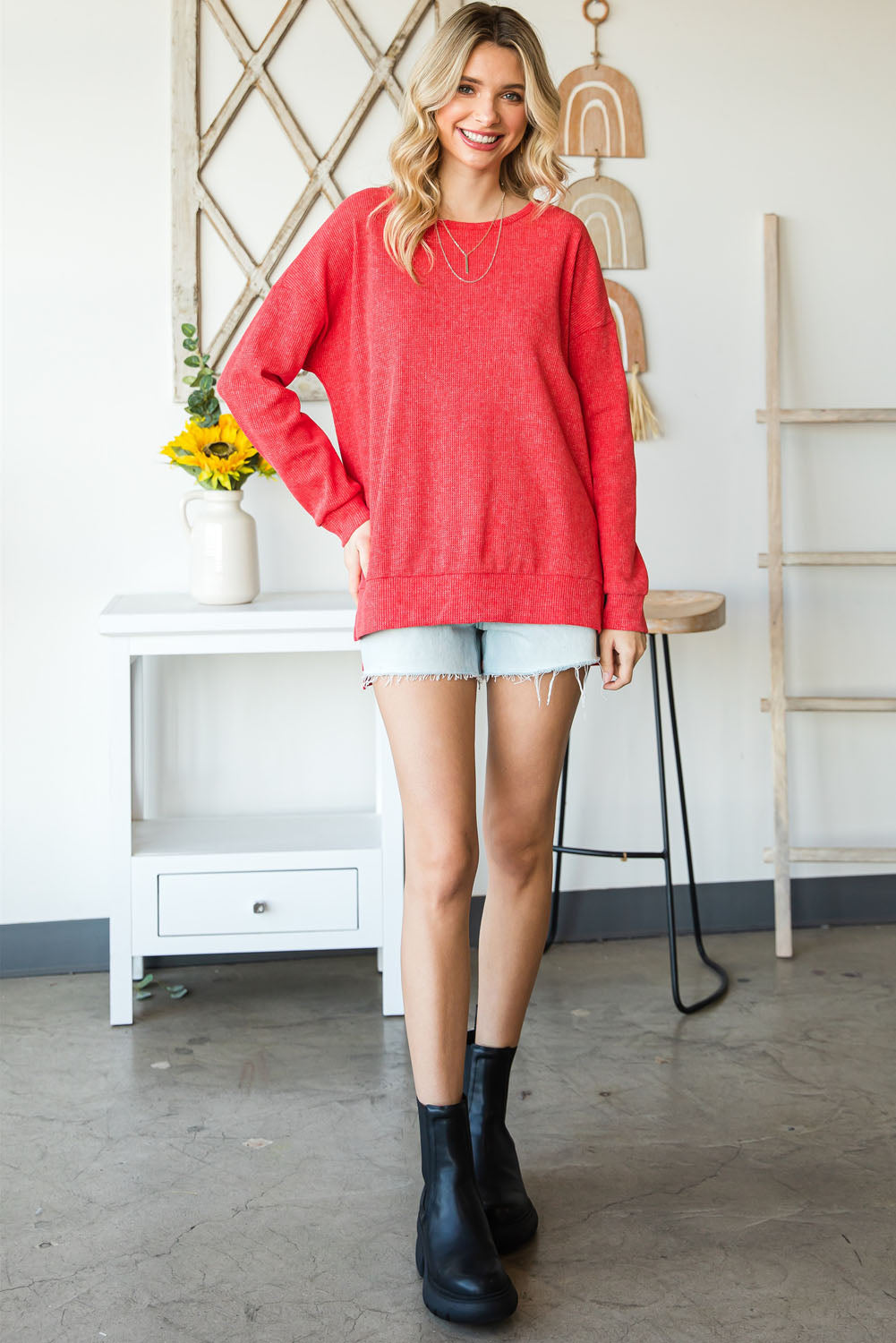 Red Waffle Knit Side Slit Pullover Long Sleeve Top